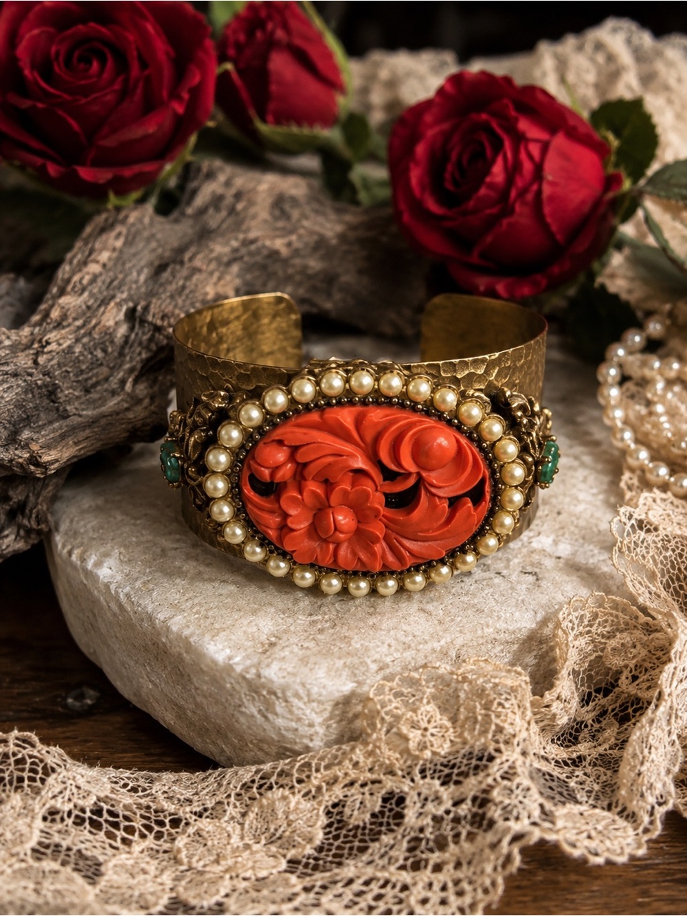 Vintage Ollipop Runway Fashion Cuff Bracelet Faux Coral Carved Floral Designer